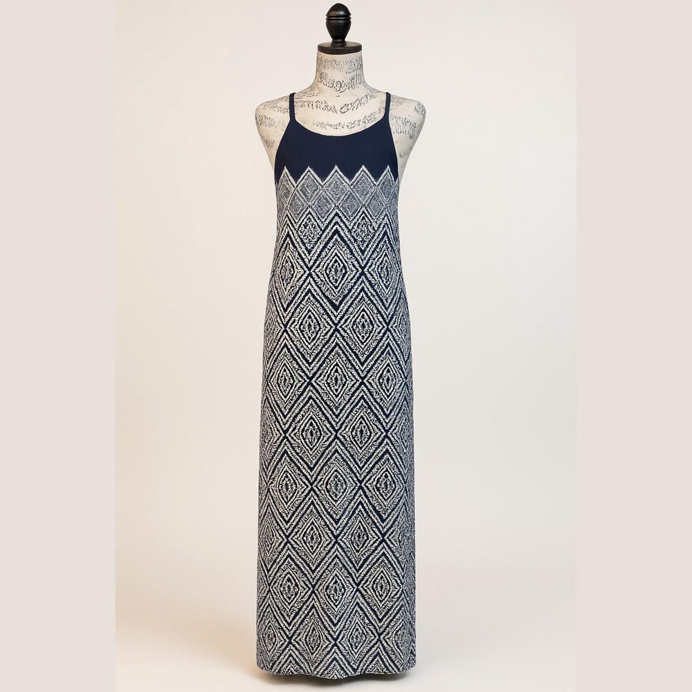 YA Navy White Printed Maxi Dress Large